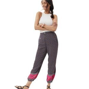 Anthropology Smocked Balloon Leg Baggy Pants Sz 10 Boho Floral Print Navy/ Pink